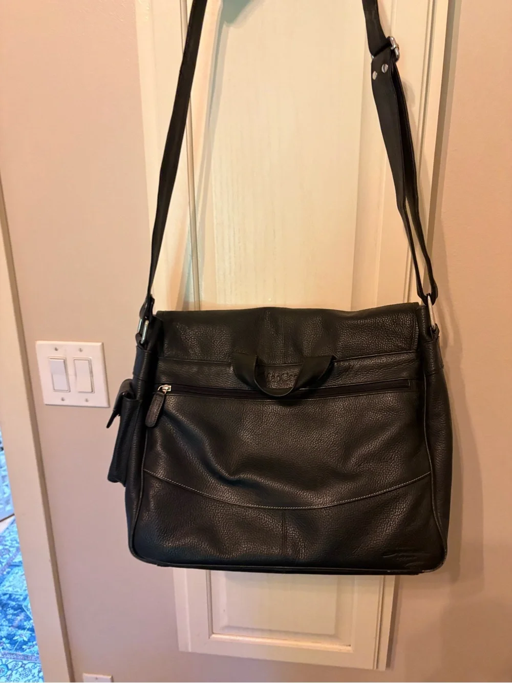 Black Leather Messenger Bag with Front Flap and Zip Pocket